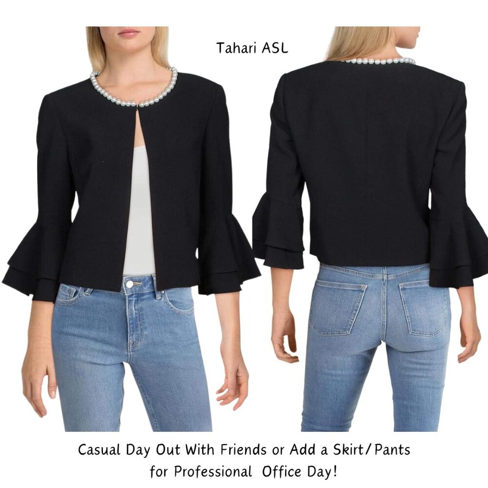 Tahari ASL Women's Faux Bright-White Pearl-Trim Ruffled-Sleeve Black Jacket SZ 8 - Picture 1 of 11